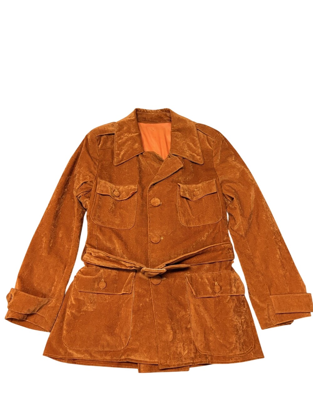 Vintage 70s Jacket Womens M Orange Velvet Belted Safari Dagger Collar
